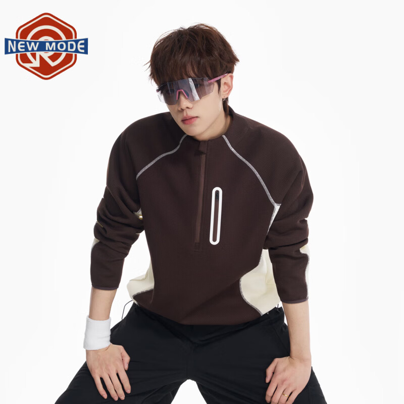 NEW OR MODE户外山系哈苏线长袖t恤男春季新款宽松半拉链运动速干打底衫上衣 红棕拼米白 M 【建议90-110斤】