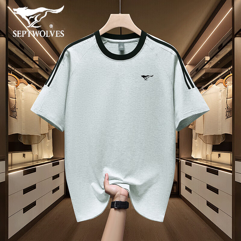七匹狼（SEPTWOLVES）短袖t恤男纯棉薄款2025夏款透气亲肤宽松大码圆领体恤衫落肩袖口 T240藏青 薄款 2XL 建议160-180斤