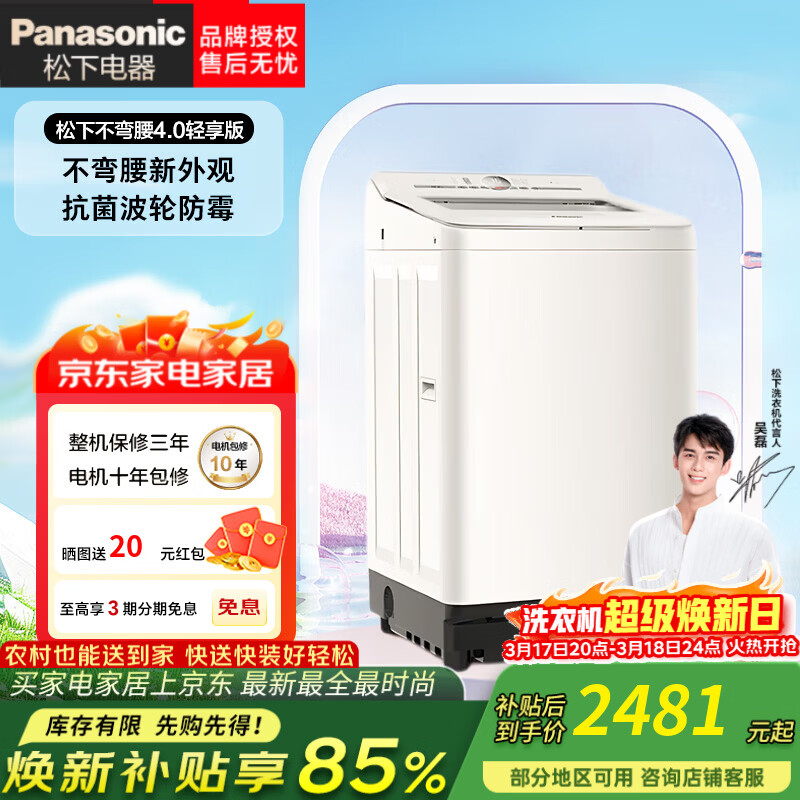 松下（Panasonic）白月光不弯腰4.0轻享版全自动波轮洗衣机10kg大容量家用智洗内筒抬高抗菌除螨 XQB100-8UF1 波轮