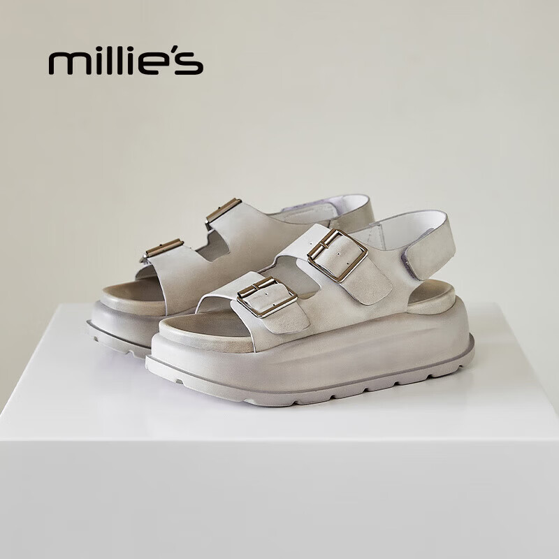 妙丽（Millies）勃肯运动凉鞋女休闲百搭沙滩鞋厚底增高学生2025年夏季新款凉拖 米色 37 (235mm) 标准码