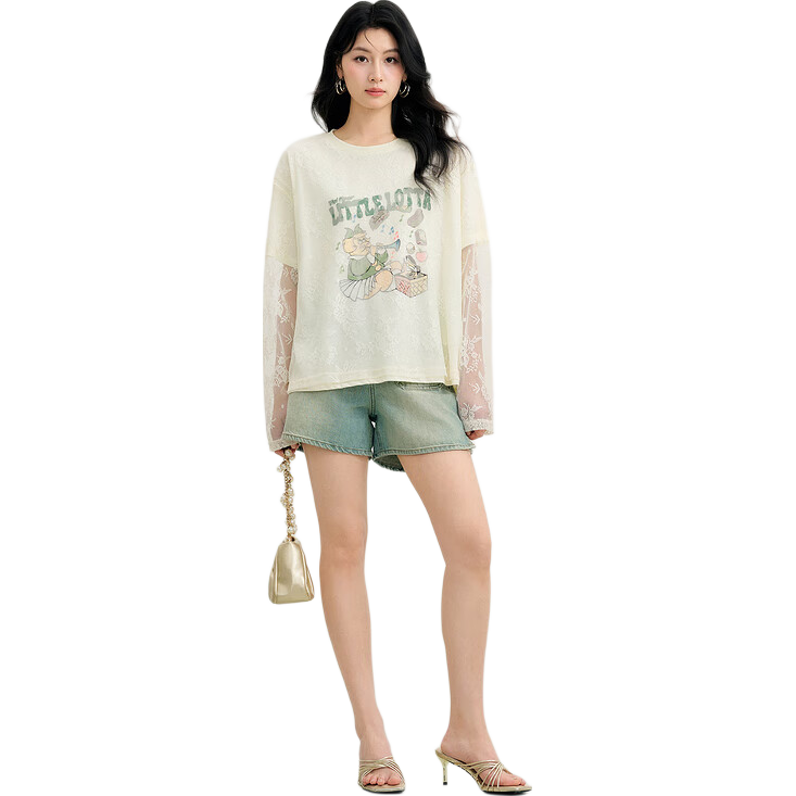 Basic House/百家好宽松假两件上衣女春夏新款刺绣蕾丝设计长袖T恤上衣 米色 S