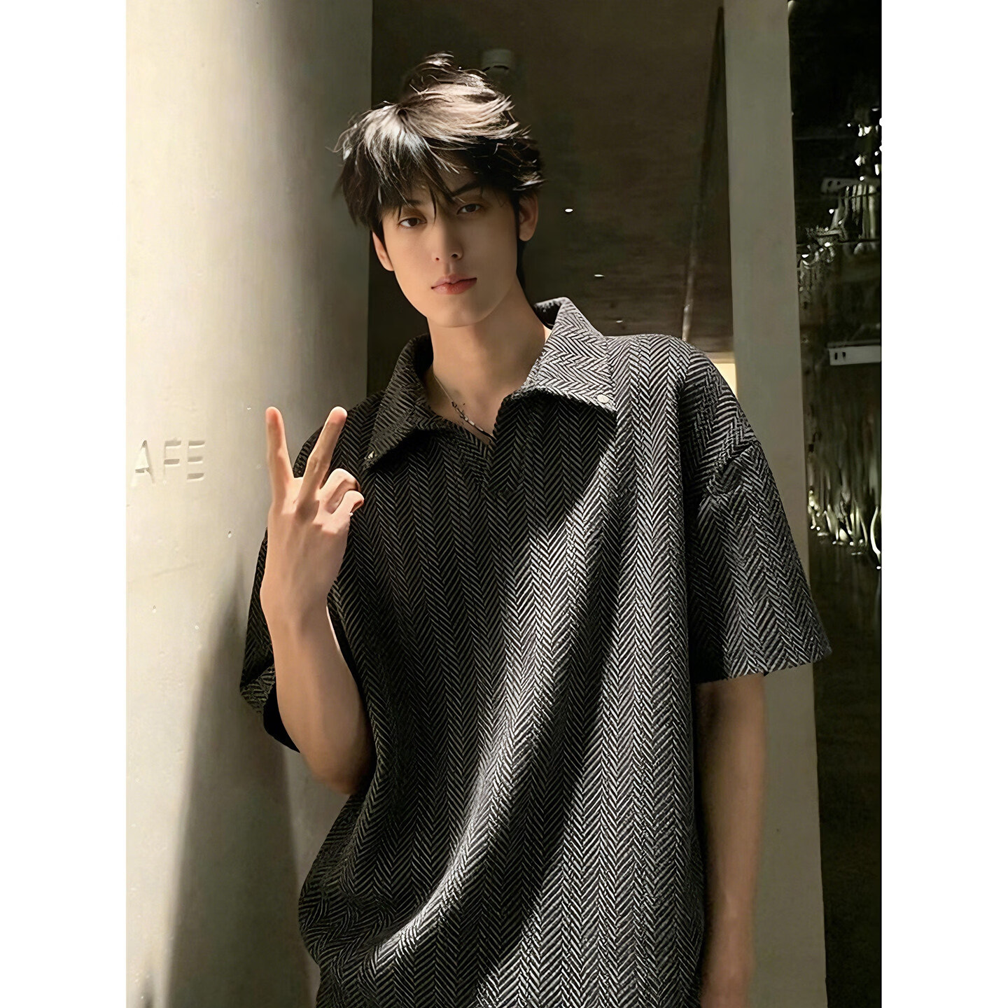 武楠美式条纹polo短袖t恤男款夏季cleanfit重磅上衣高级感正肩五分袖 灰色 XL