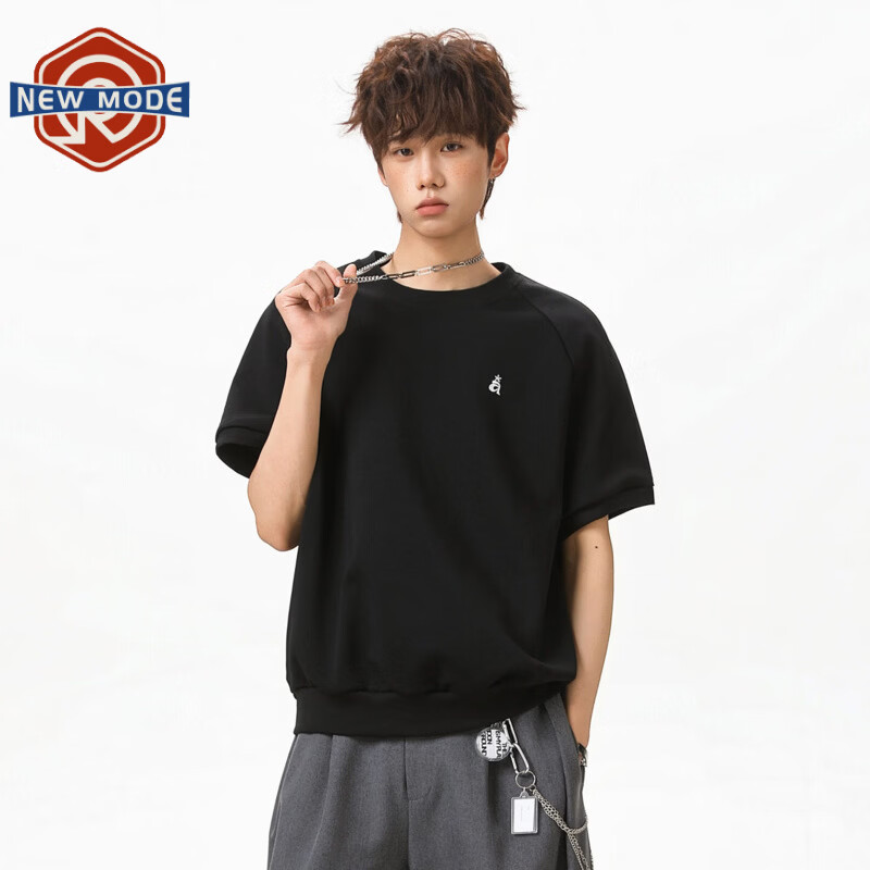 NEW OR MODE老钱风撞色刺绣短袖t恤男夏季新款重磅复古宽松设计感百搭休闲T恤 黑色【高品质】 M 【建议90-110斤】