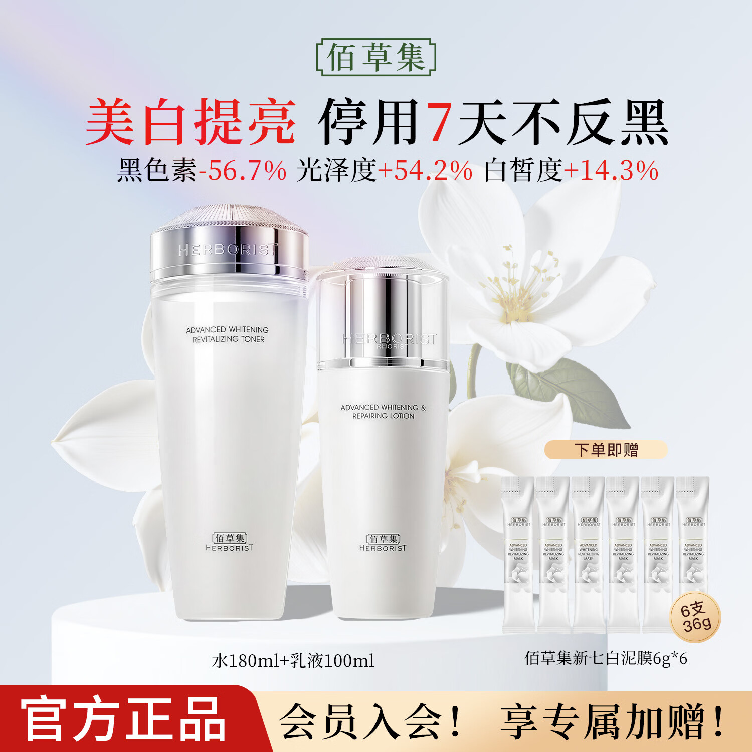 佰草集新七白美白套装保湿祛斑淡化斑点烟酰胺焕亮改善黯沉 护肤品礼盒 2件（柔肤水180ml+乳100ml）