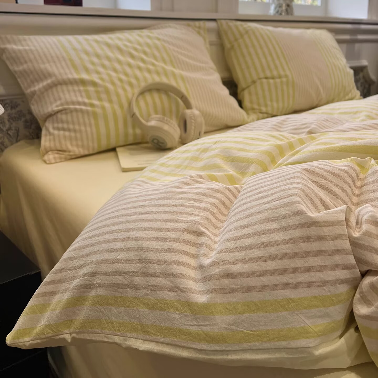 苏萱现代简约条纹全棉水洗棉床上四件套纯棉1.5m公寓被套床单四季床品 晨晓-黄 1.8m 床单款 四件套-被套200x230cm