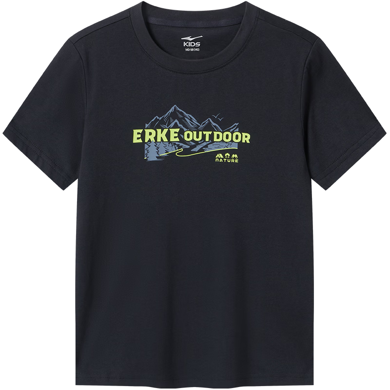 鸿星尔克（ERKE）儿童纯棉短袖男童女童26年新款夏季T恤短袖圆领针织衫文化T恤 正黑007 160