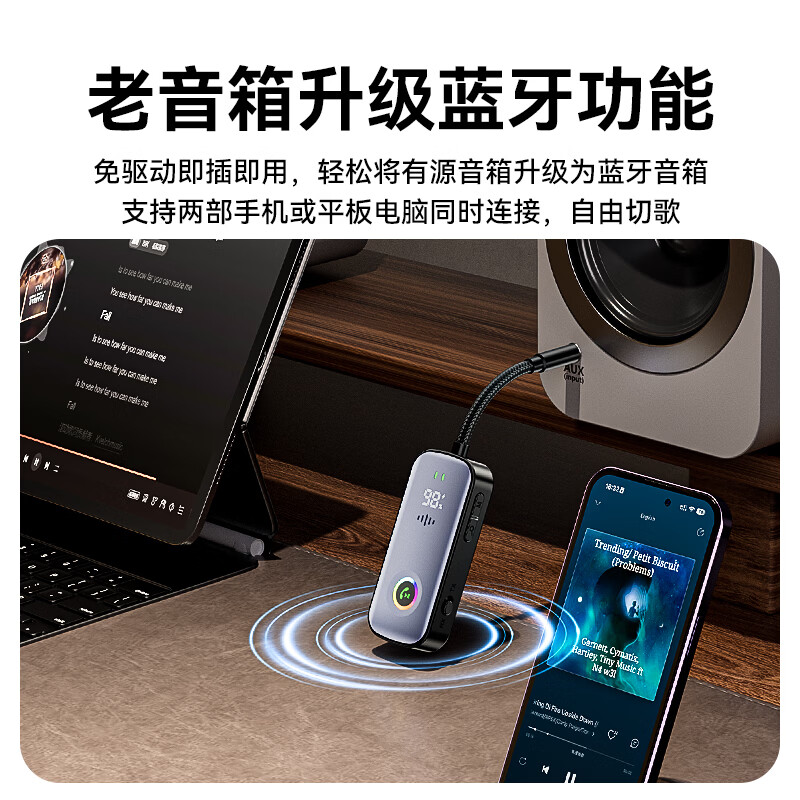 雷翼（RAYEE）蓝牙接收器发射器改装音响功放3.5mm音频适配手机接aux车载Switch电视接耳机音箱一拖二 蓝牙收发器【降噪过滤杂音】送线材套装