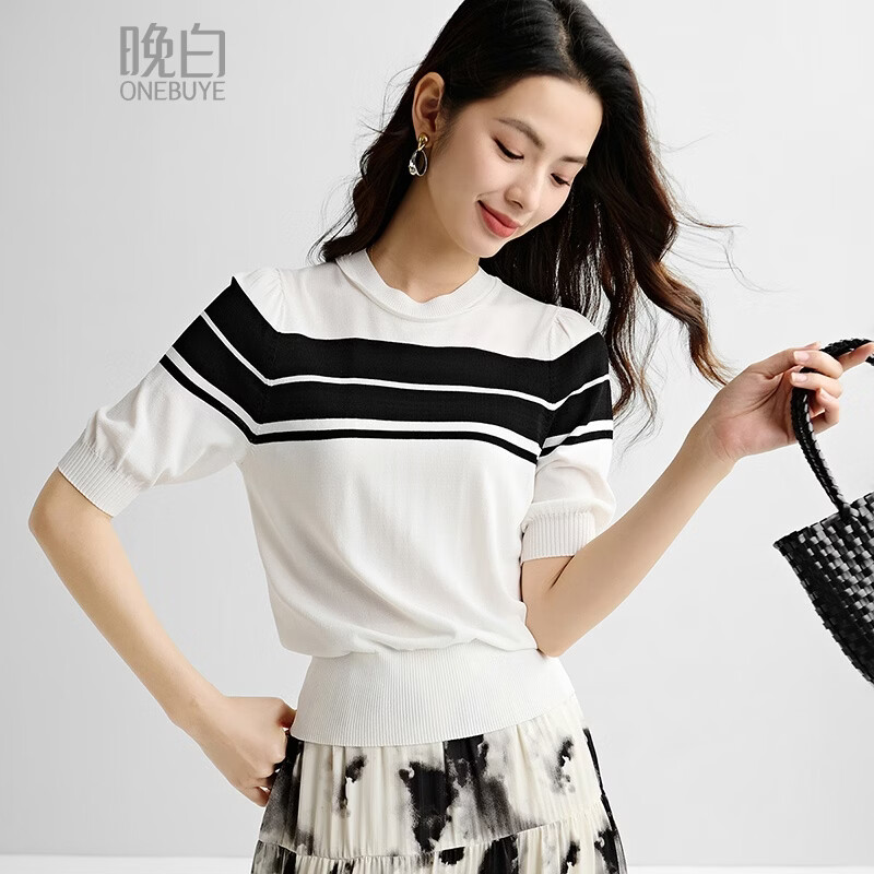 晚白2026年春夏款时尚条纹圆领短袖弹力舒适泡泡袖冰丝凉感针织T女 白色 S