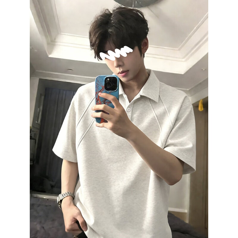 POUM白花灰美式翻领短袖Polo衫男款夏季boxy版型t恤感内搭半截袖 CLF-T212白灰色 XL