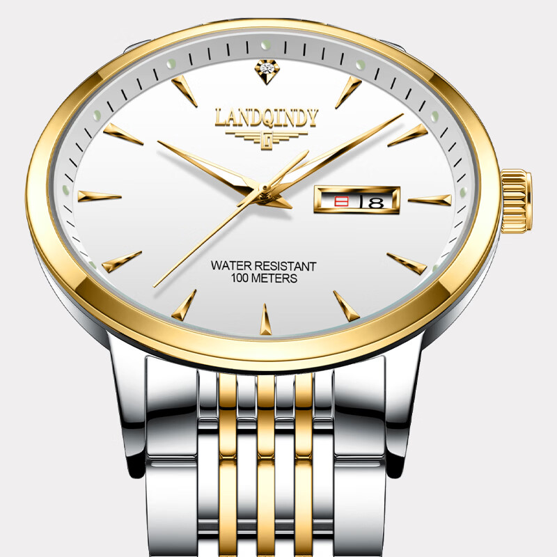 LANDQINDY【LANDQINDY】2026新款全自动手表高端奢华腕表夜光防水男士手表 间金白面【赠原装皮表带+终生质保+精美礼盒】