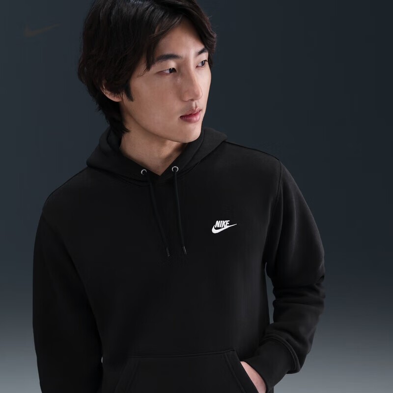 NIKE男子加绒套头连帽衫冬季新款针织休闲刺绣卫衣 FN3860-010 S