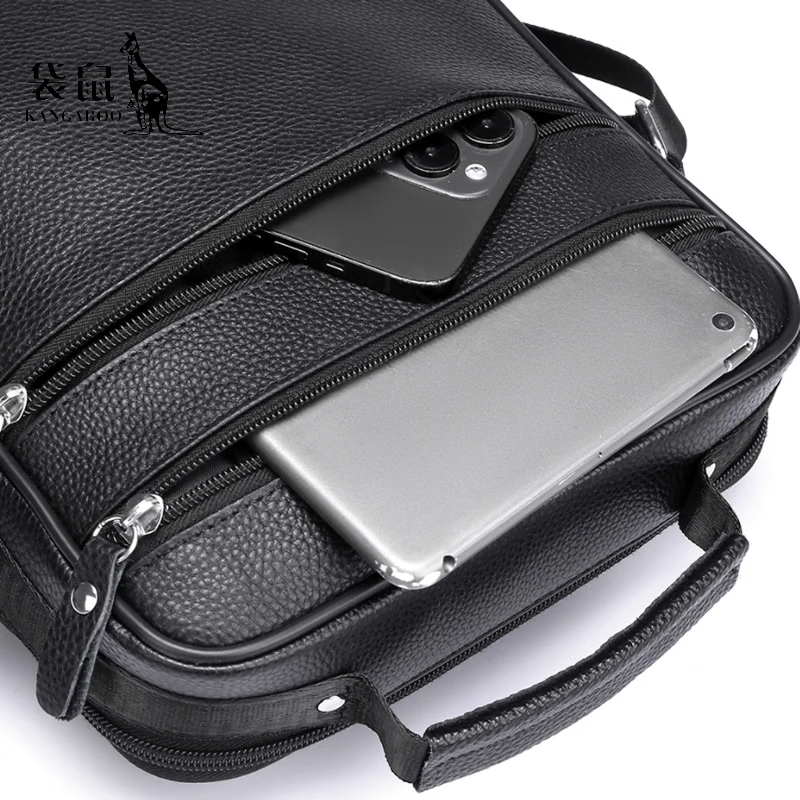 袋鼠（KANGAROO）男士单肩斜挎包头层牛皮休闲时尚潮流背包真皮商务通勤手提斜挎包 黑色加大号