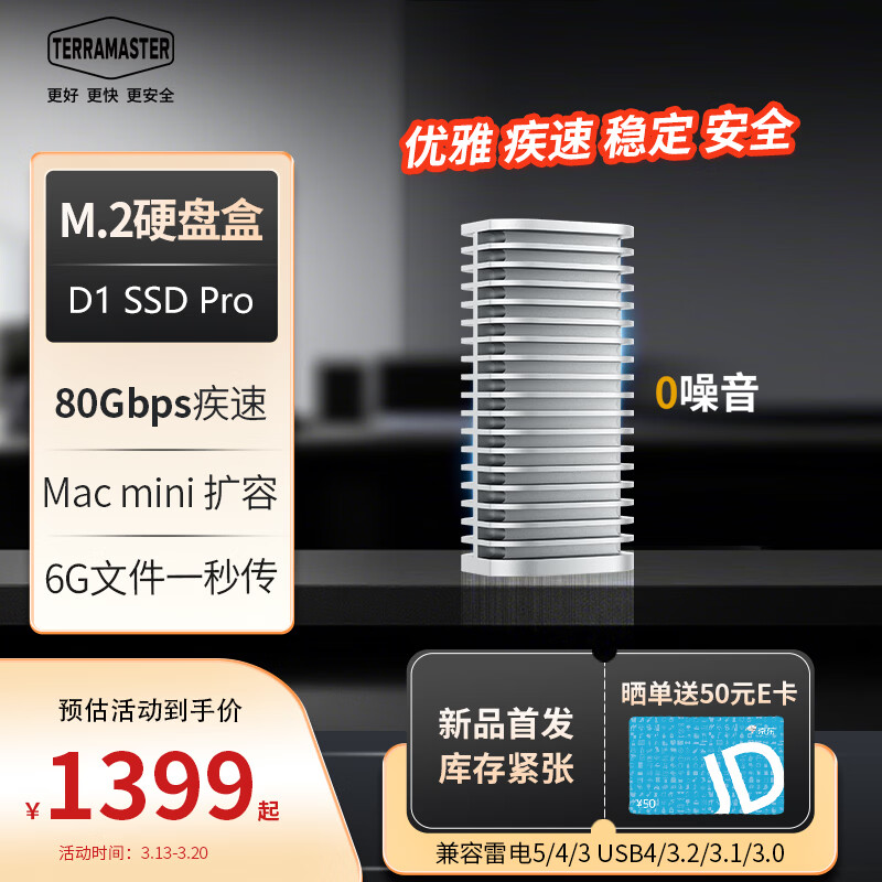 铁威马（TERRA MASTER）D1 SSD Pro 80Gbps硬盘盒M.2 NVMe移动硬盘盒兼容雷电5/4 USB4 适用MacBookNeo/Mac mini M4扩容