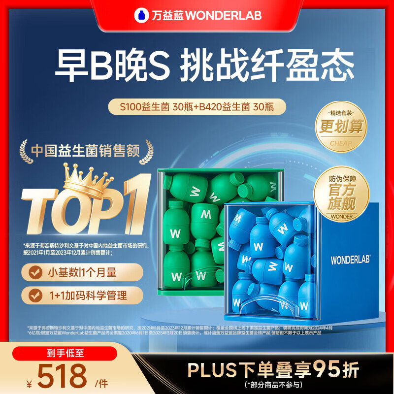 万益蓝（WONDERLAB）B420+S100益生菌 成人调益生元肠活理谢小绿瓶脂代 早B晚S好搭档 【小基数月卡】 30瓶*2盒