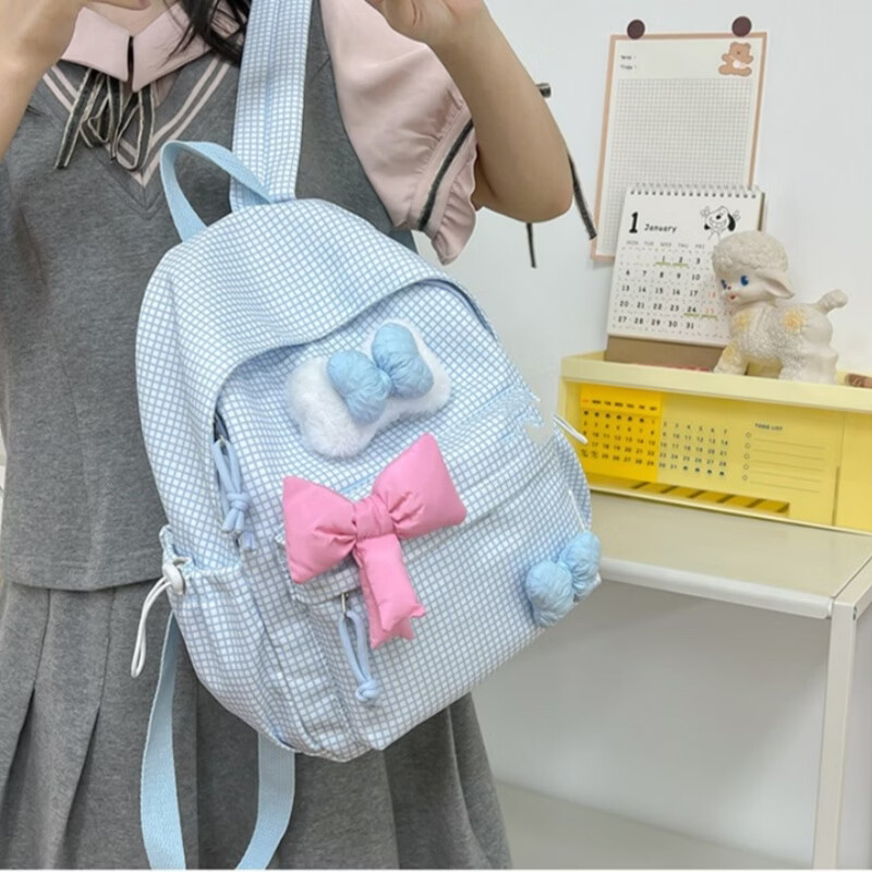梵昇昱双肩包小清新格纹小学生书包初高中生可爱少女超轻减负出行背包 蓝色格纹双肩包【带蝴蝶结】小号