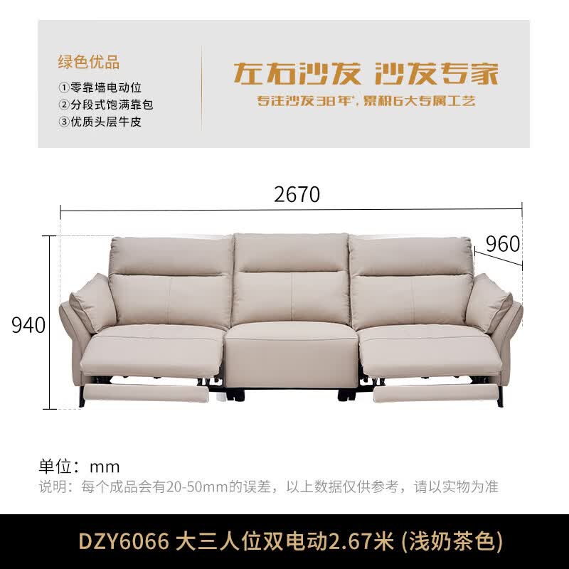 左右零靠墙智能舱电动功能皮沙发2.67米6066三双奶茶色 （1）2.67m 三人位双电动 茶