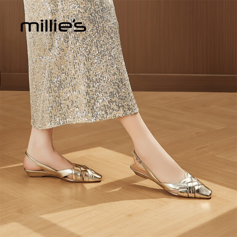 妙丽(Millies)凉鞋女包头低跟编织复古后绑带休闲百搭2025夏季新款 金色 39 (245mm) 标准码
