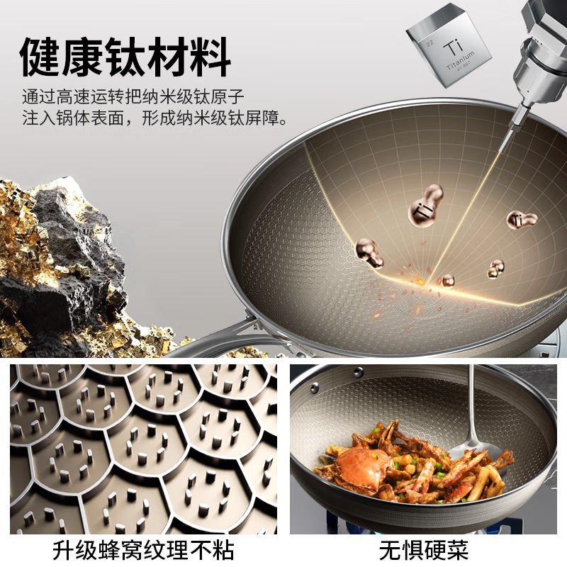 康巴赫 炒锅不粘锅有钛0氟蜂窝锅煎锅抗菌不锈钢炒菜锅电磁炉燃气灶通用 七代0氟有钛蜂窝锅 28cm
