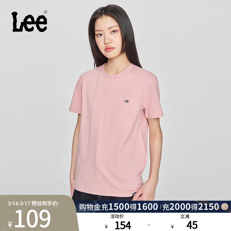 Lee标准版圆领印花小Logo男女同款短袖T恤休闲潮流LUT0053984LE 粉色（尺码偏大，拍小一码） L