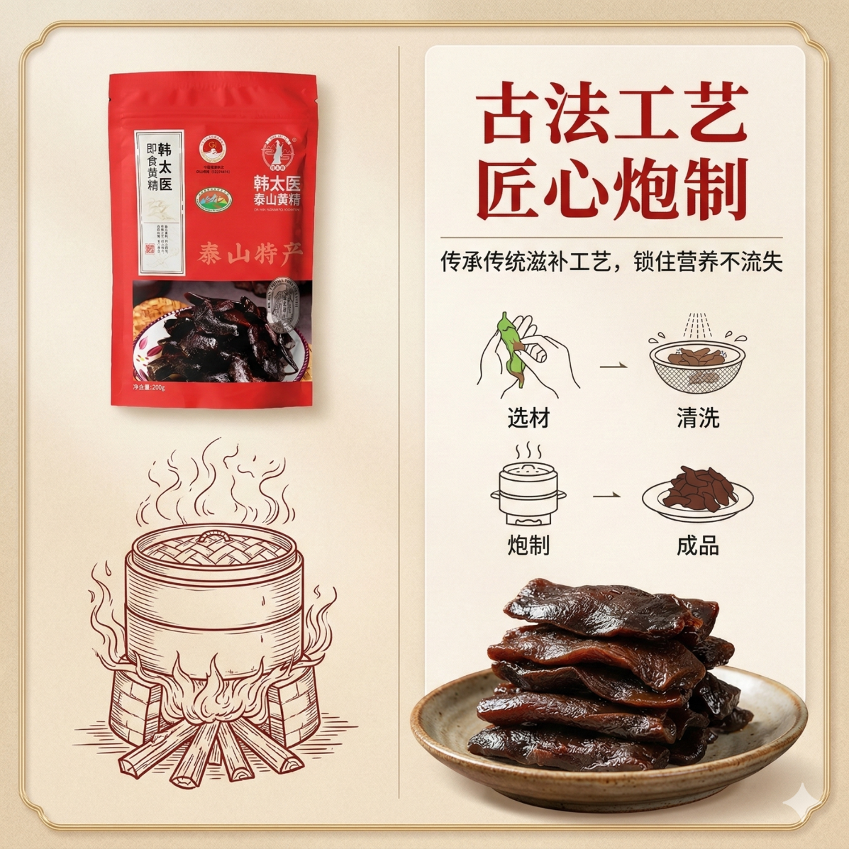 韩太医即食泰山黄精九蒸九晒黄精中药材泡水喝的熟茶九制辟谷油头老虎姜 即食黄精 200g*1袋