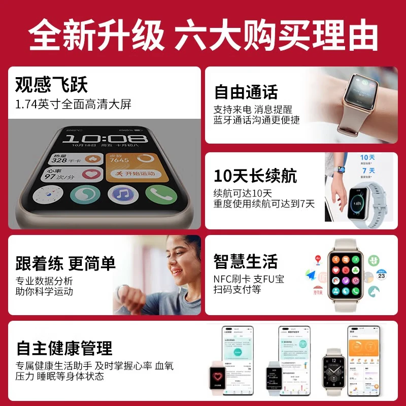 华为（HUAWEI）【女神礼物推荐】华为手表女士款Watch Fit运动智能2代穿戴心率睡眠监测生理周期NFC扫码付款血氧 樱语粉-晒单送钢表带+太空人表盘