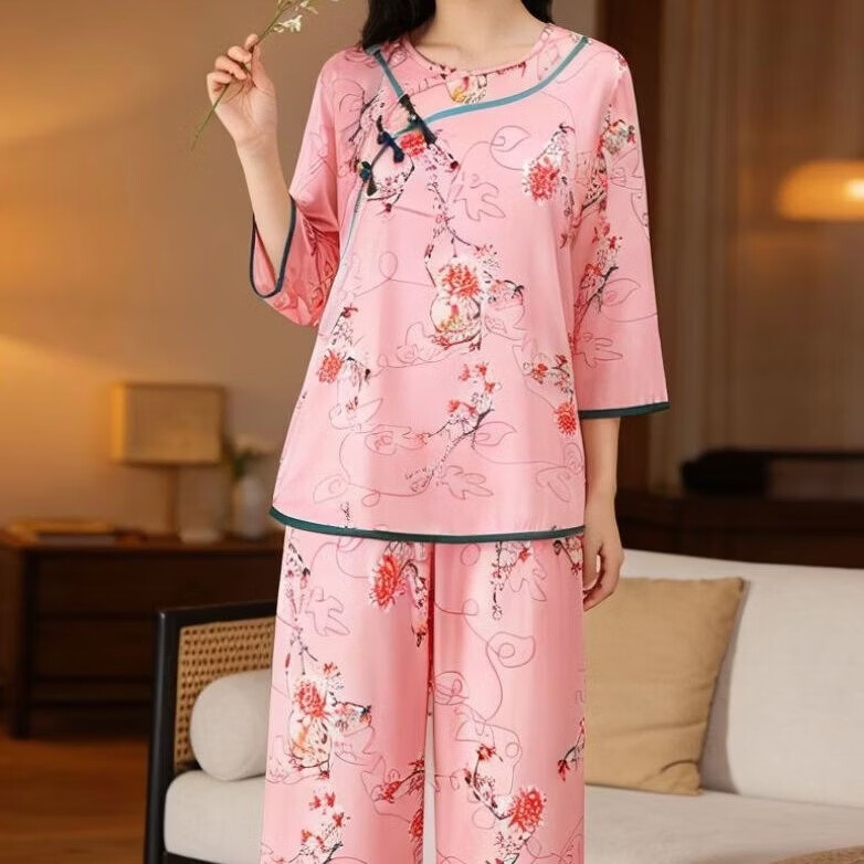 新中式睡衣女冰丝春夏季甜美七分袖长裤宽松休闲可外穿家居服套装 101粉 3XL （建议160-180斤）