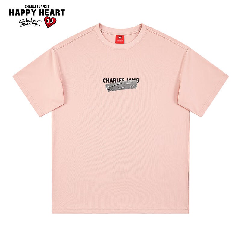 查尔斯桃心 夏季简约LOGO字母美式休闲宽松百搭潮流薄款透气短袖T恤男女同款 粉红色 XL