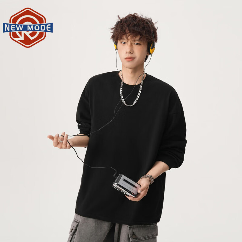 NEW OR MODE美式重磅纯棉长袖t恤男夏季潮牌宽松内搭上衣百搭休闲运动打底衫 黑色【高品质】 M 【建议90-110斤】