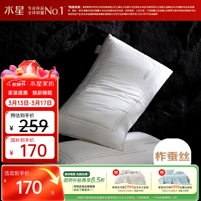 水星家纺蚕丝枕 A类抑菌防螨双层填充蚕丝纤柔枕一对装48cm×74cm