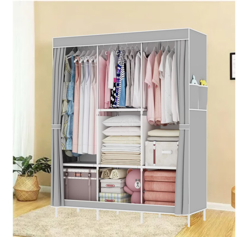 简易布艺衣柜出租房家用卧室柜子组装布衣柜现代简约收纳挂衣橱架 105三列银灰【定制色】