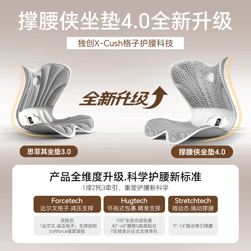思菲其护腰坐垫人体工学一体式凝胶护腰蜂窝靠垫办公室支撑腰部座椅靠垫 【高级灰】凝胶平面款
