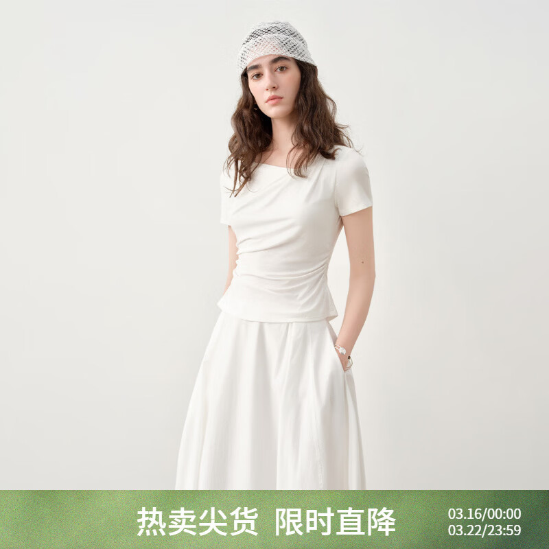 自巧冰肤凉感料 小个子短袖设计感斜领侧腰抽褶t恤女夏季2026新品 雅白色 M （尺码：4）