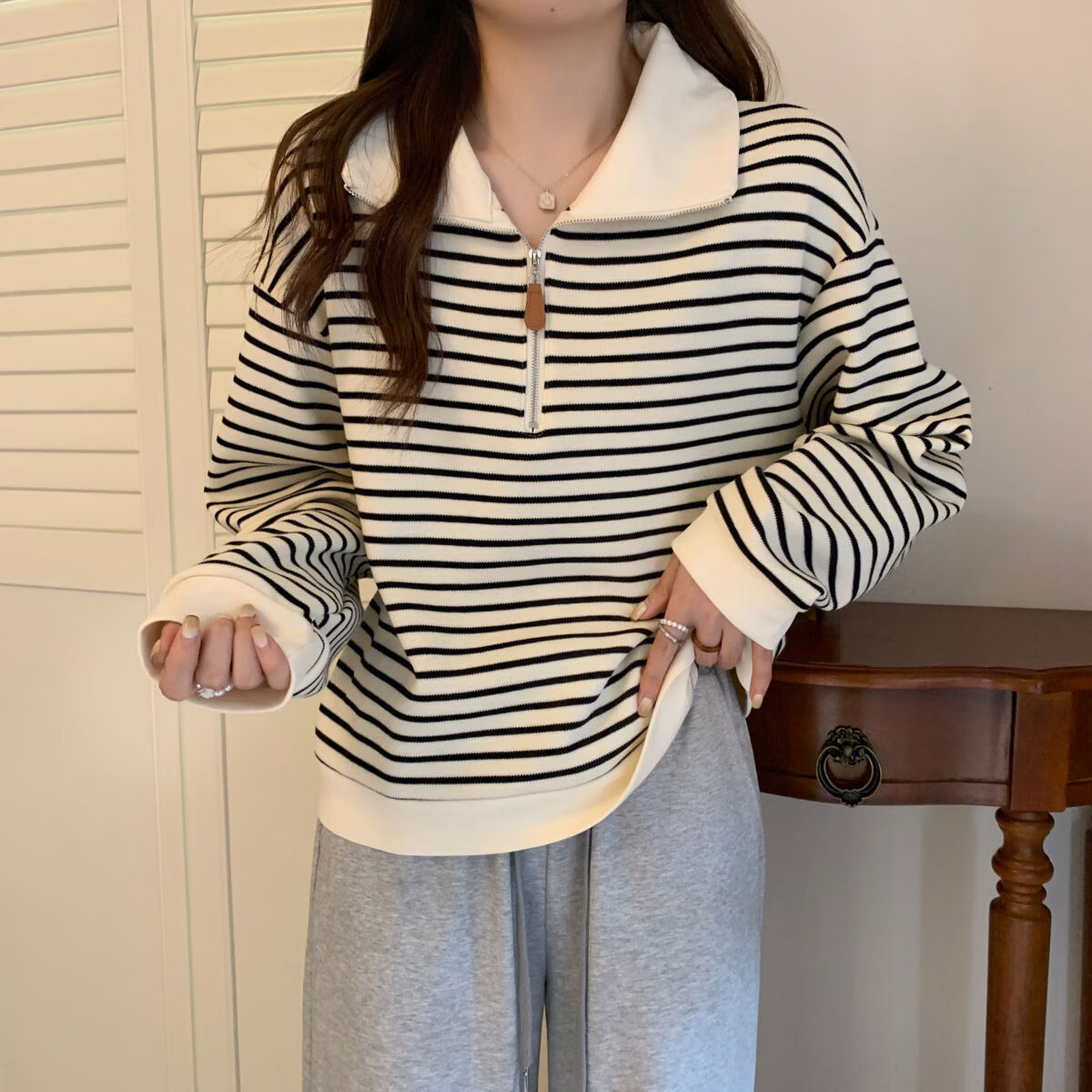 BURQAMARCH女士美式条纹Polo领正肩打底衫春秋季新款宽松半拉链大码长袖上衣 杏色 L 【建议100-120斤】