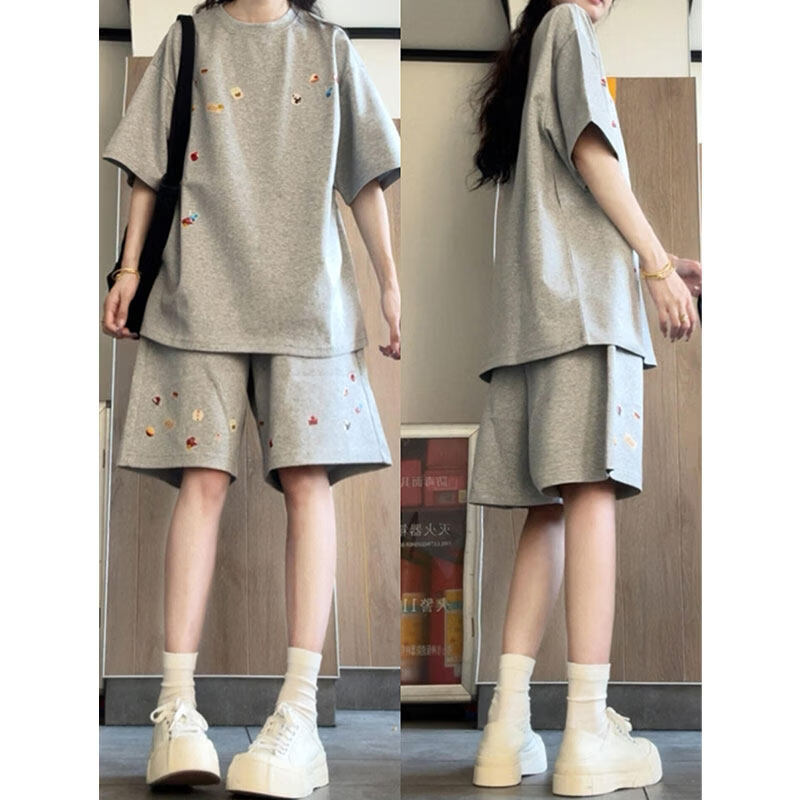 MODX美式学院风休闲运动服套装女夏季学生韩版宽松显瘦短袖短裤两件套 灰色短袖+短裤【两件套】 S 【建议80-95斤】