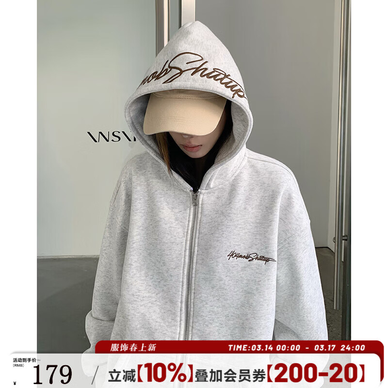 404MOBGANG复古美式秋冬花体字母刺绣连帽开衫卫衣男女休闲潮流加绒外套 白花灰色 L