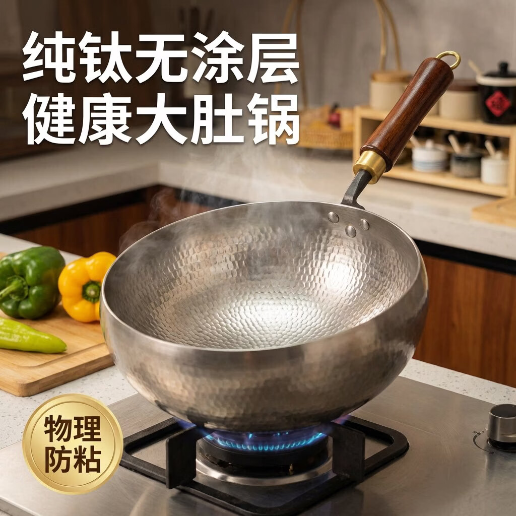 谭铁匠章丘钛锅大肚腩锅纯钛炒锅高级高端品质大肚锅无涂层不生锈炒菜锅 镜面纯钛锅5-10人 30cm 【单锅】