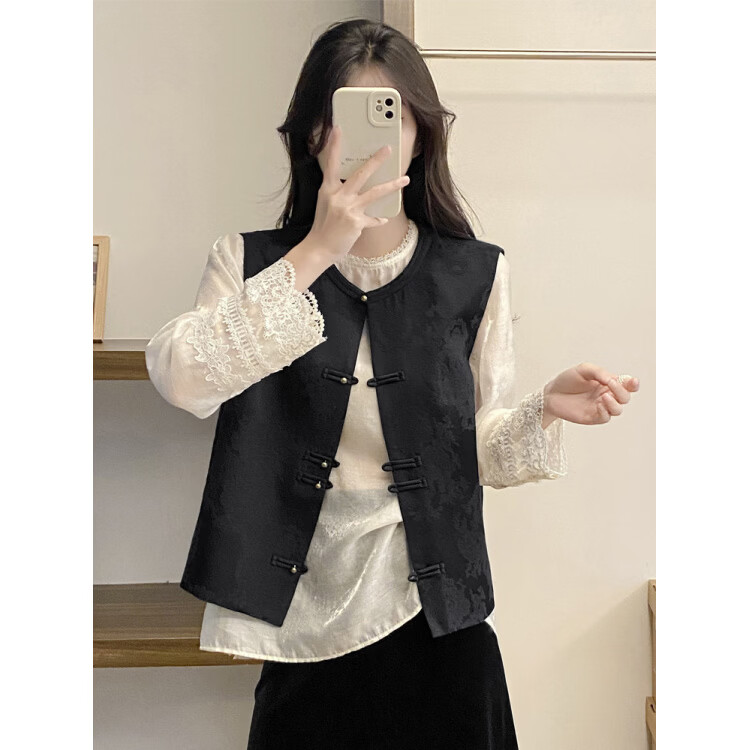 MODX新中式国风提花马甲女背心外套2026春季新款设计感宽松盘扣坎肩 黑色马甲 S 80-100斤