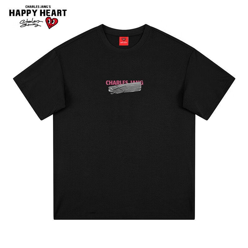 查尔斯桃心 夏季简约LOGO字母美式休闲宽松百搭潮流薄款透气短袖T恤男女同款 黑色 S