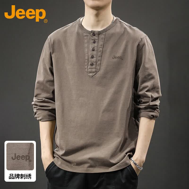 JEEP美国正品高端纯棉亨利领长袖T恤男装春季休闲宽松圆领打底衫卫衣 棕色 【官方正品】 M