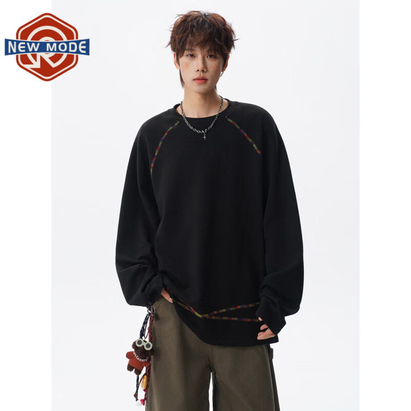 NEW OR MODE美式撞色明线圆领长袖t恤男生新款潮牌高级感宽松休闲运动打底衫 黑色【高品质】 M 【建议90-110斤】