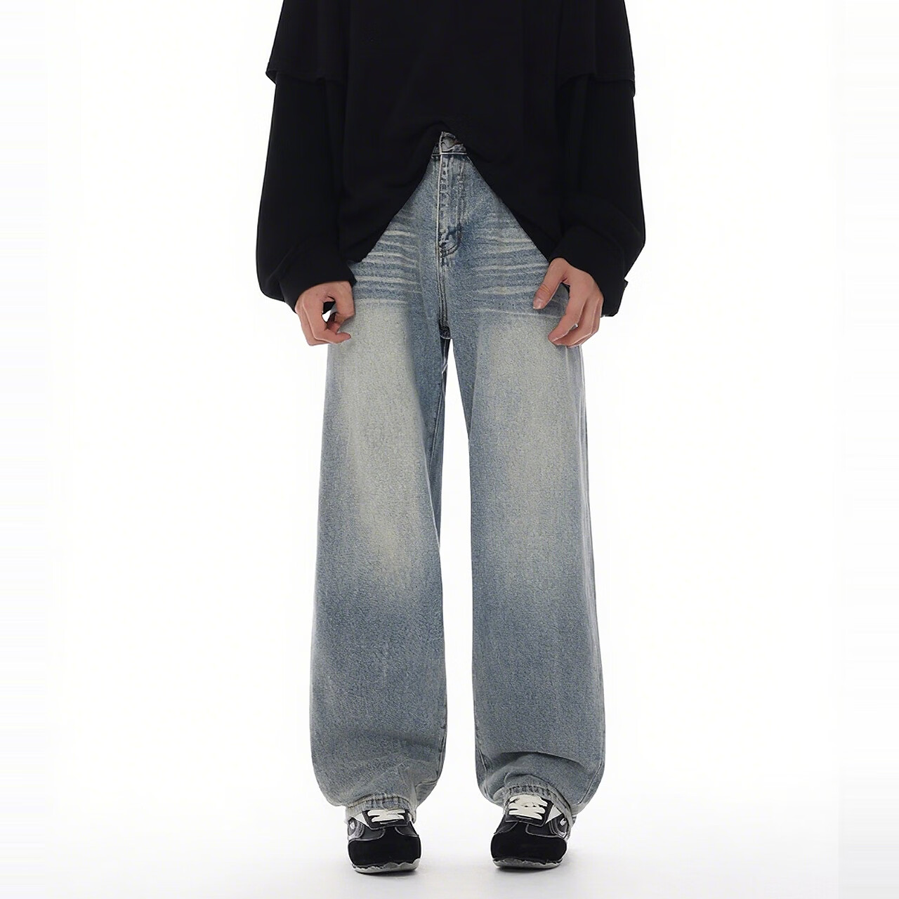 美特斯邦威牛仔裤男士新款休闲美式复古直筒宽松拖地长裤 牛仔中蓝 L 175/80A