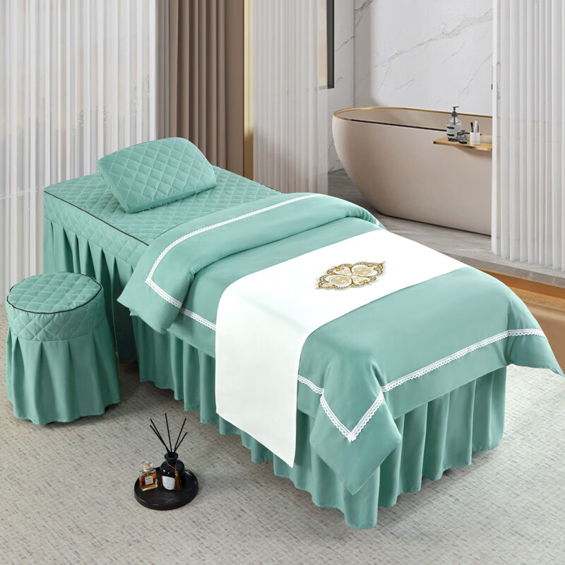 正圣美容院床罩按摩推拿床套四件套单件理疗纯色带洞床单简约床裙床罩 小花香--湖蓝色 方头四件套 190cm*80cm