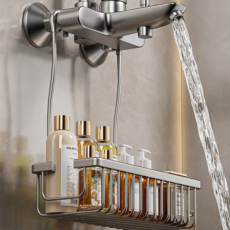 浴室置物架免打孔淋浴房卫生间花洒挂架洗发水沐浴露挂篮厕所收纳 太空铝加深挂篮黑色大号带钩