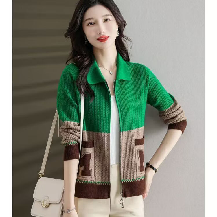 【新款】开衫毛衣外套女短款拼色洋气拉链撞色春秋漂亮针织外搭 绿色 3XL 建议140-150斤