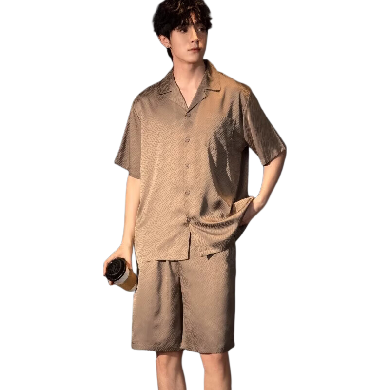 雪中飞睡衣男夏季夏天薄款冰丝短袖青少年可外穿男士2026新款家居服套装 NSCBF-墨黄条纹-开衫款 【缎面冰丝】 L 【建议90-125斤】