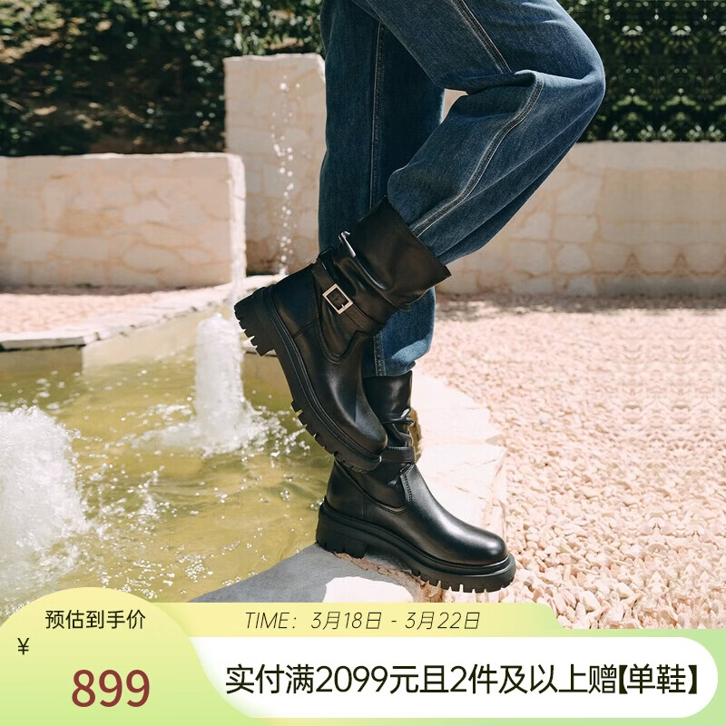 73Hours女鞋朋克气息2025冬季新款圆头厚底纯色时装靴时尚女靴