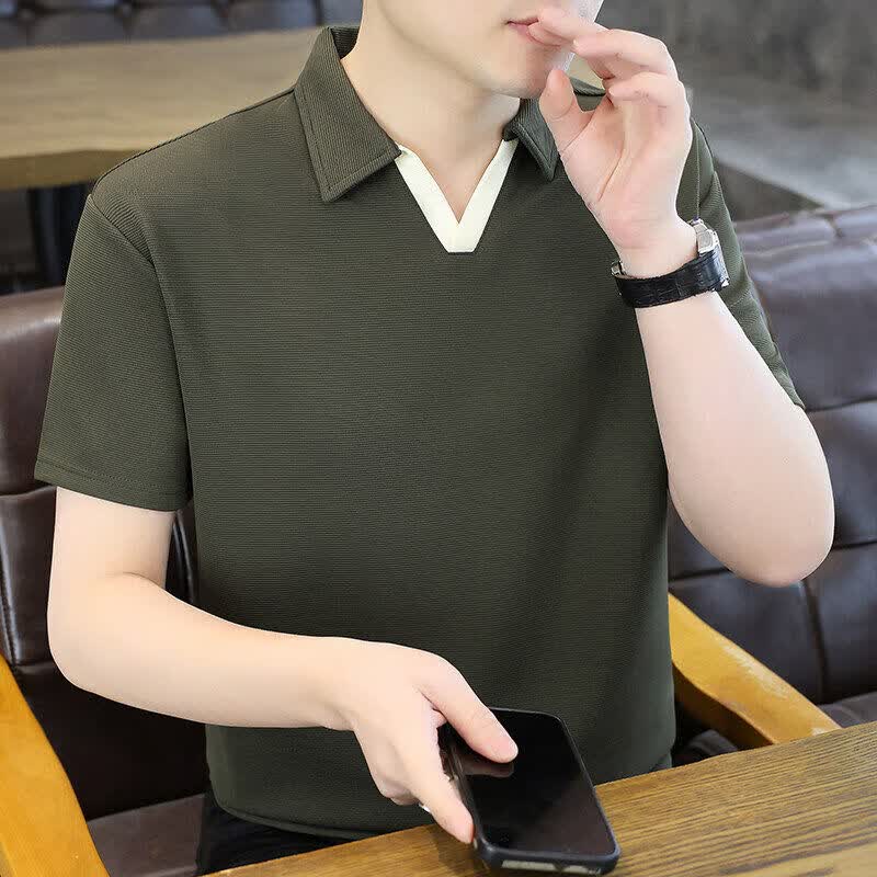 JPUZ男士短袖冰丝V领polo衫夏季薄款有领设计感撞色速干t恤潮流上衣男 军绿色 M 约90-100斤可穿