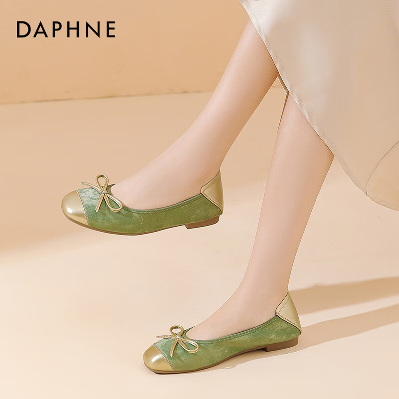 达芙妮平底单鞋女2026新款春季法式蝴蝶结芭蕾舞鞋温柔玛丽珍鞋女ZJ 绿色 36