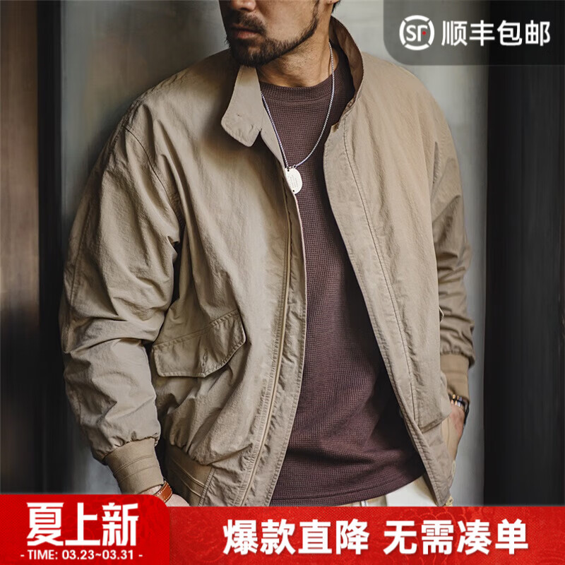 马登工装美式复古哈灵顿G9立领夹克男轻户外阿美咔叽男士休闲外套春 浅卡其色 【版型宽松/衣服男装/简约休闲外套】 L