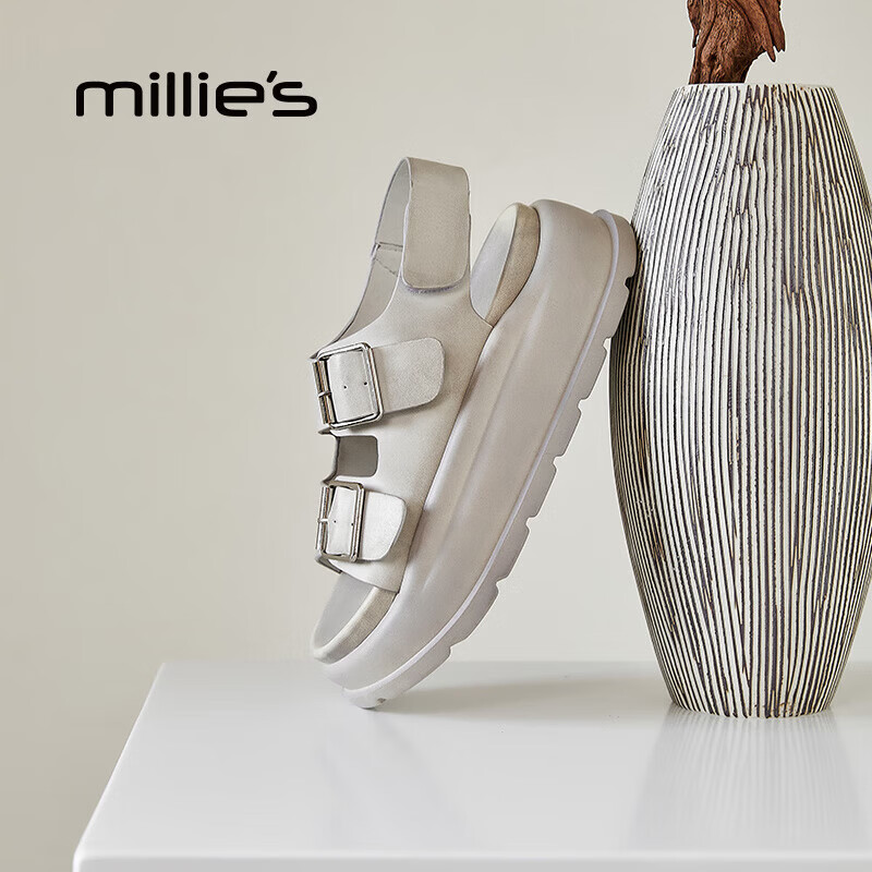 妙丽（Millies）勃肯运动凉鞋女休闲百搭沙滩鞋厚底增高学生2025年夏季新款凉拖 米色 37 (235mm) 标准码